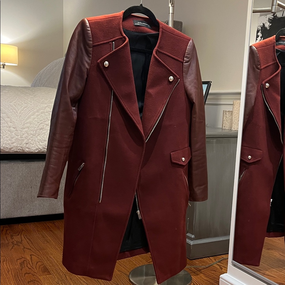 Zara Wool and Leather Burgundy Coat